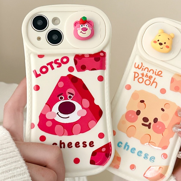 Ốp Điện Thoại Dày Chống Sốc Có Nắp Trượt Bảo Vệ Camera In Hình Gấu Dâu Tây Dễ Thương Cho iPhone 11 12 Pro Max X XS XR XSMAX