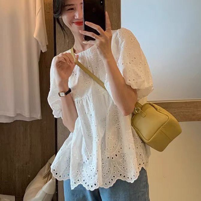 Áo Sơ Mi Tay Ngắn Phồng Hai Lớp plus Size Thêu Họa Tiết Phong Cách Hàn Quốc Cho Nữ