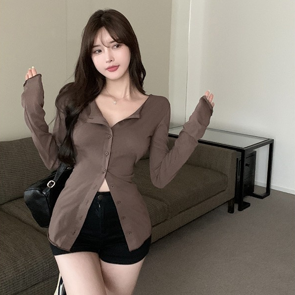 Áo kiểu NZN tay dài cổ chữ V đơn giản cho nữ