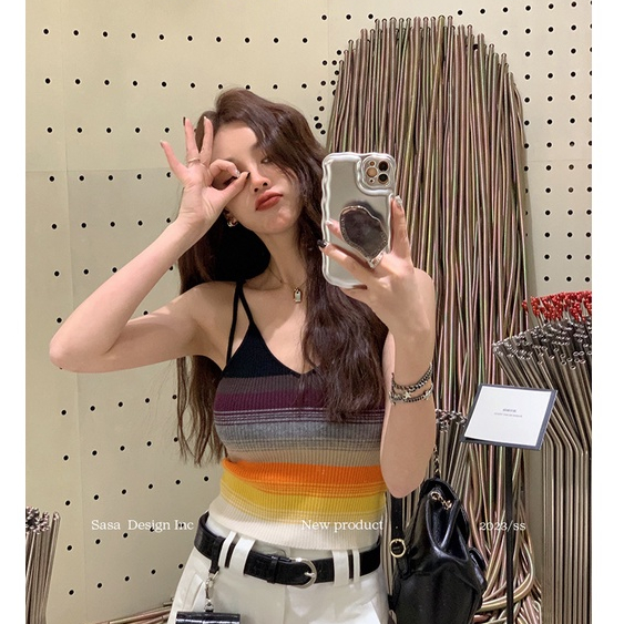 Áo Tank Top Hai Dây Dệt Kim Lõi Lông Thỏ Phong Cách Retro Cho Nữ