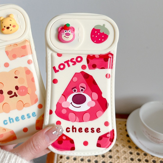 Ốp Điện Thoại Dày Chống Sốc Có Nắp Trượt Bảo Vệ Camera In Hình Gấu Dâu Tây Dễ Thương Cho iPhone 11 12 Pro Max X XS XR XSMAX