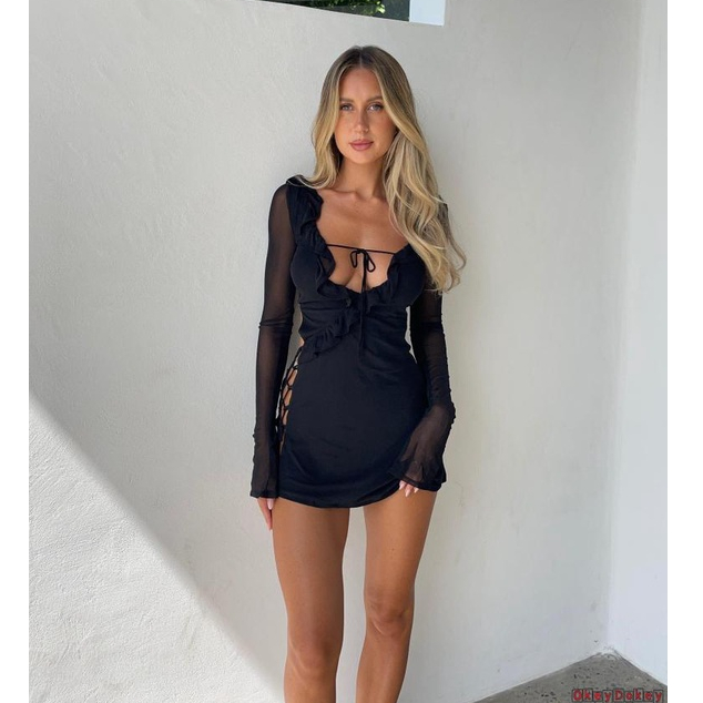 Đầm Chữ A Tay Ngắn Cổ Chữ V Phối Bèo Nhún Màu Trơn Quyến Rũ Cho Nữ