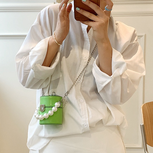 Mischa Túi Đeo Chéo mini Bằng Da PU Màu Trơn Đính Ngọc Trai Thời Trang Phong Cách Phương Tây