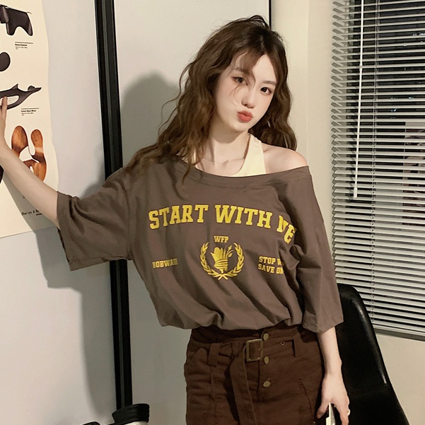 Áo Thun Ngắn Tay Hở Vai Giả Hai Lớp Phong Cách Hàn Quốc Cổ Điển Dành Cho Nữ