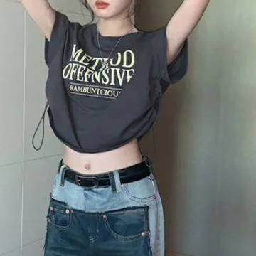 ZHELIHANGFEI Áo Thun Tay Ngắn Rút Dây Phong Cách Retro Dành Cho Nữ