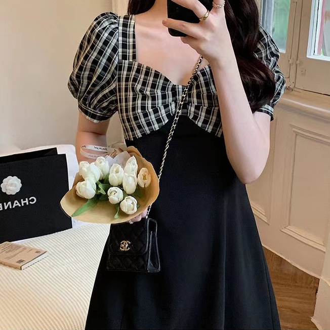 ZHELIHANGFEI Đầm Tay Phồng Cổ Vuông Nhấn Eo Phong Cách Retro Quyến Rũ