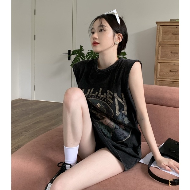 Áo Thun Đen Sát Nách Dáng Rộng Phong Cách vintage Mỹ Cá Tính Cho Nữ