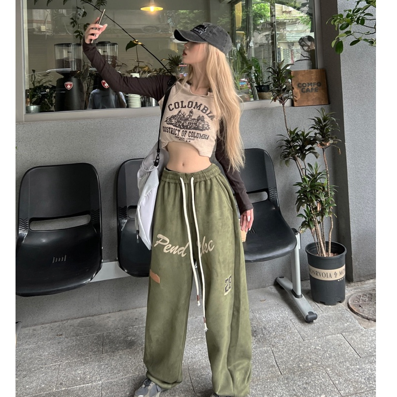 QADCOL Quần ống rộng Lưng Cao Dây Rút Phong Cách Đường Phố Mỹ Cổ Điển Thời Trang Mùa Thu Hàng Mới Dành Cho Bạn Nữ