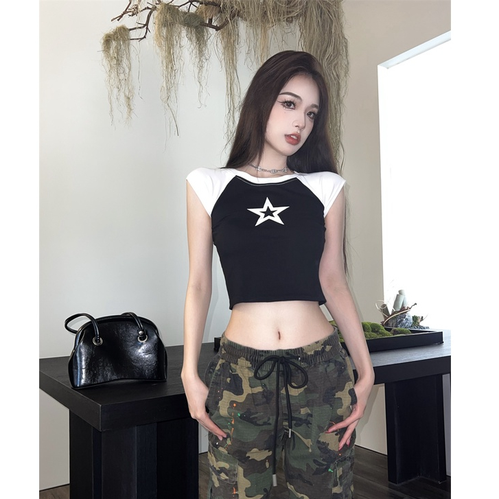 QADCOL Áo Thun Ngắn Tay Dáng Ôm In Họa Tiết Ngôi Sao Thời Trang Cho Nữ