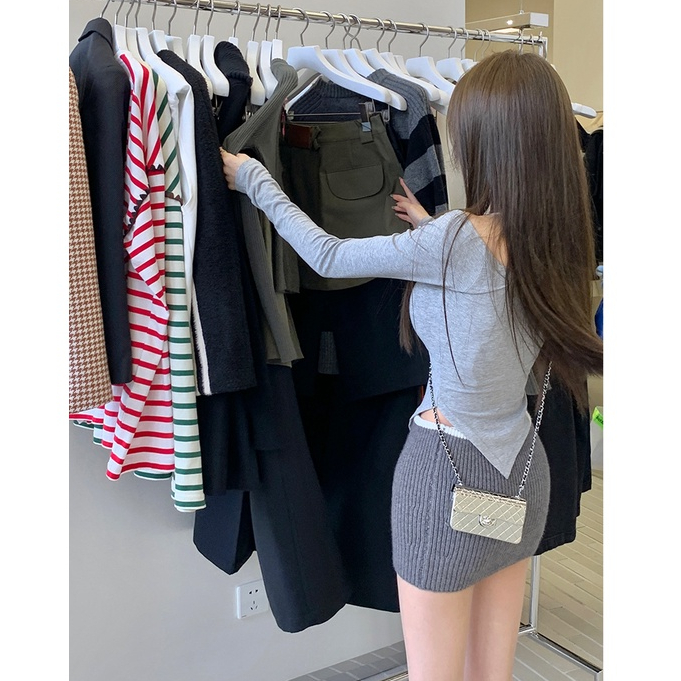 Cocory vn Set Áo Thun Tay Dài Cổ Chữ U + Chân Váy Lưng Cao Thiết Kế Độc Đáo