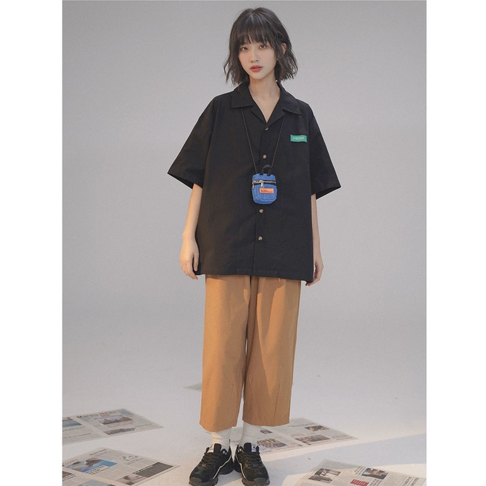 ZHELIHANGFEI Áo Sơ Mi Tay Ngắn Form Rộng Theo Phong Cách Retro Mỹ Dễ Phối Đồ