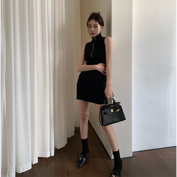 Porozi Đầm Dệt Kim Sát Nách Dáng Ôm Phối Khóa Kéo Cá Tính Cho Nữ