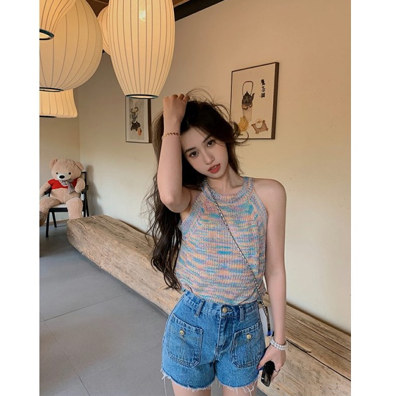 Áo Croptop Dệt Kim Cổ Tròn Thời Trang Hàn Quốc 2023 Cho Nữ