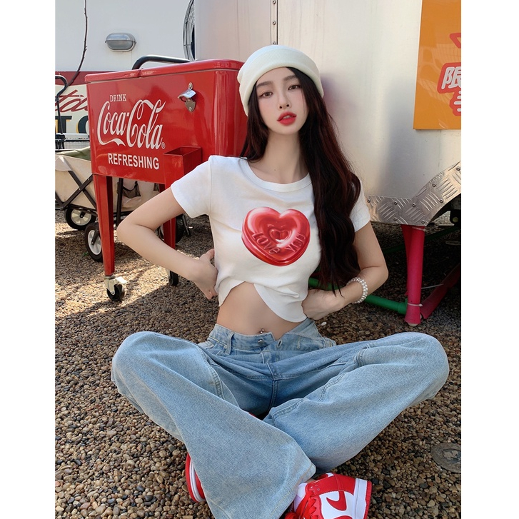 Áo Thun Tay Ngắn Cổ Tròn Dáng Rộng In Hình Trái Tim Phong Cách Hàn Quốc Thời Trang Mùa Hè Cho Nữ