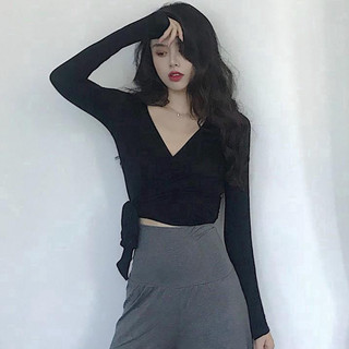 Áo kiểu croptop dài tay cổ chữ V nữ tính thời trang