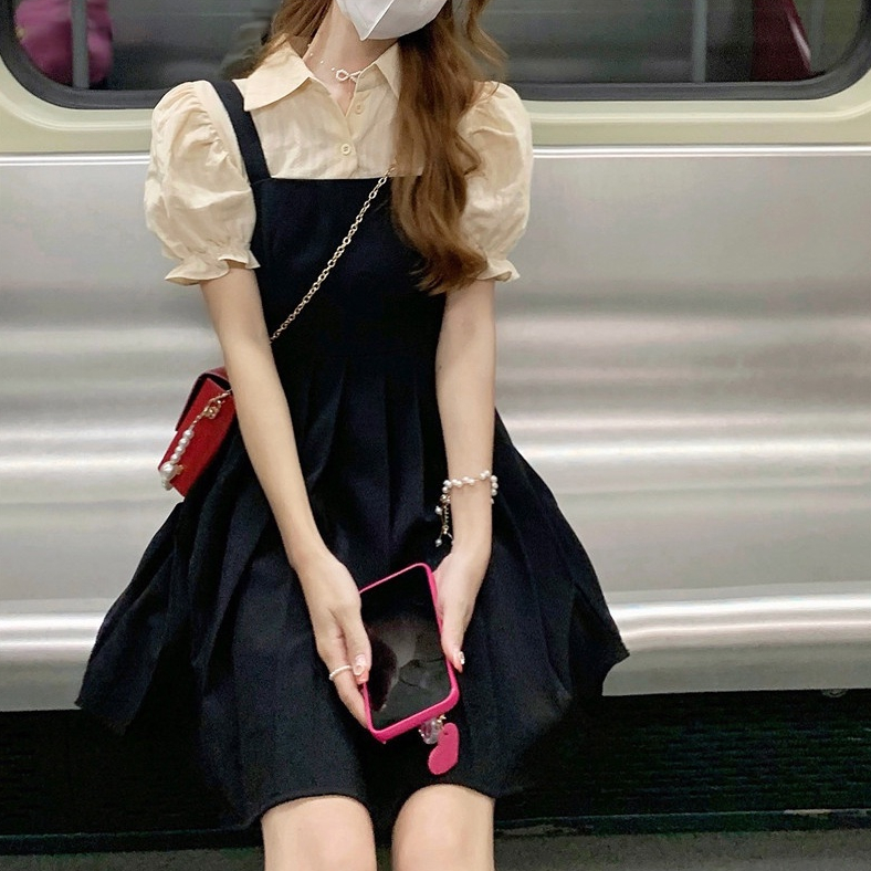 Đầm Ngắn Tay Hai Dây Giả Hai Lớp Phong Cách Hàn Quốc Thanh Lịch Thời Trang Mùa Hè Hàng Mới Dành Cho