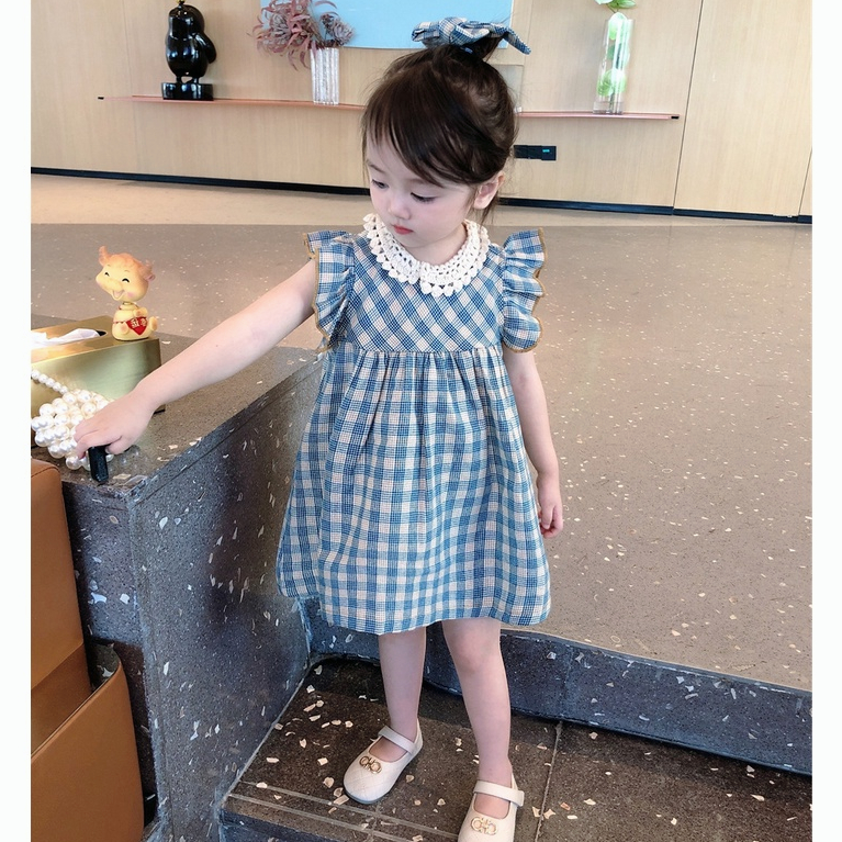 Đầm Búp Bê Công Chúa Tay Ngắn Họa Tiết Sọc Caro Ngọt Ngào Thời Trang Mùa Hè Cho Bé Gái