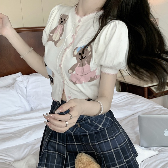 Porozi  Bộ Áo Dệt Kim Tay Phồng Ngắn + Chân Váy Xếp Ly Lưng Cao Sọc Ca Rô Dễ Thương Cho Nữ