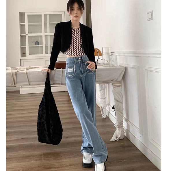 ZHELIHANGFEI Quần Jean Lưng Cao Form Rộng Theo Phong Cách Retro Đường Phố