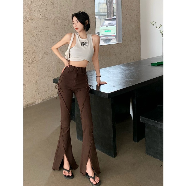 Quần jeans Nữ Lưng Cao Ống Loe Xẻ Tà Thời Trang