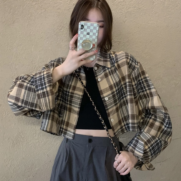 SUXI Áo Sơ Mi Tay Dài Dáng Ngắn Kẻ Sọc Ca Rô Kiểu Retro Hàn Quốc Cá Tính