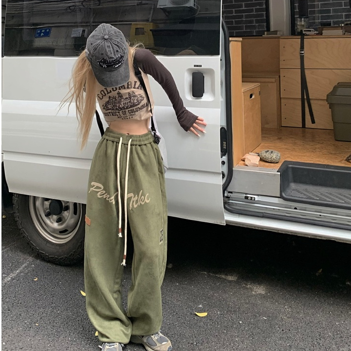 QADCOL Quần ống rộng Lưng Cao Dây Rút Phong Cách Đường Phố Mỹ Cổ Điển Thời Trang Mùa Thu Hàng Mới Dành Cho Bạn Nữ