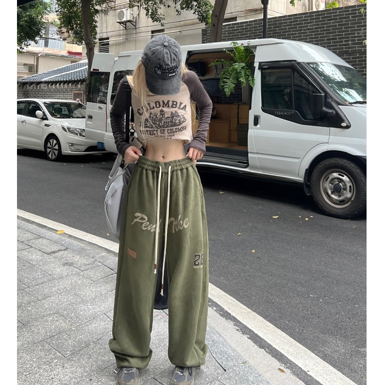 QADCOL Quần ống rộng Lưng Cao Dây Rút Phong Cách Đường Phố Mỹ Cổ Điển Thời Trang Mùa Thu Hàng Mới Dành Cho Bạn Nữ