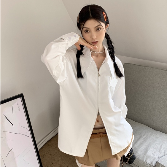 Áo Sơ Mi Trắng Tay Dài Có Khóa Kéo Dáng Rộng Kiểu Pháp Thời Trang Mùa Xuân Cho Nữ