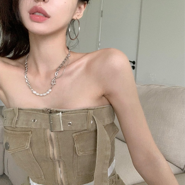 Porozi  Niche Spice Girl Khaki wash denim Nước Lau Ngực + Chân Váy Cạp Cao Khoét Rỗng Hình Trái Đào