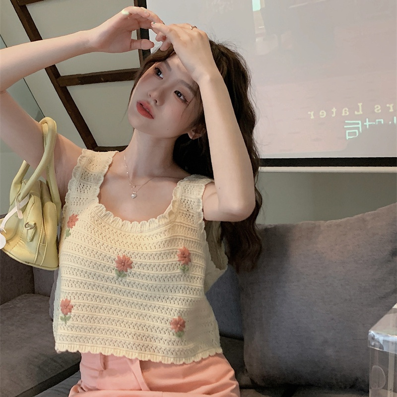 Minimalist Labo Áo Hai Dây Dệt Kim Dáng Rộng Thêu Hoa Xinh Xắn