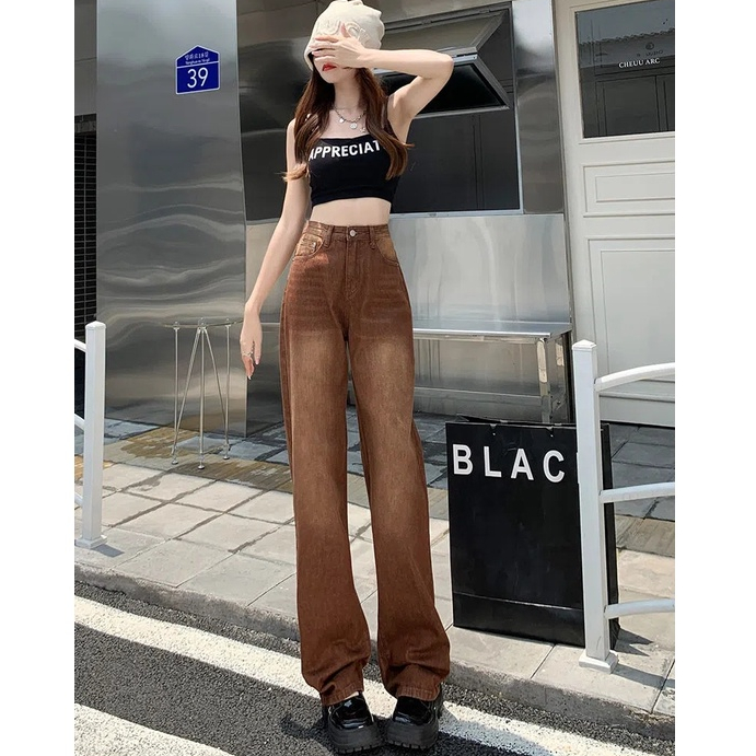 Quần Jean Dài Lưng Cao Dáng Rộng Ống Suông Kiểu Retro Mỹ Cá Tính