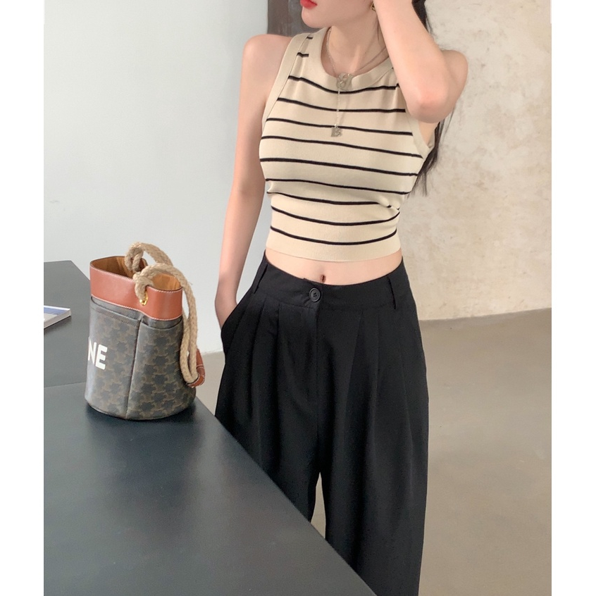 QADCOL Áo Dệt Kim Hai Dây Dáng Ôm Họa Tiết Kẻ Sọc Thời Trang Mùa Hè Cho Nữ