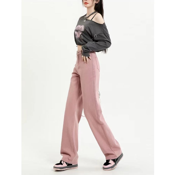 ZHELIHANGFEI Quần Jean Dài Lưng Cao Ống Rộng Phong Cách Đường Phố Cá Tính