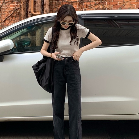 Minimalist Labo Áo thun vải dệt kim ngắn tay thêu họa tiết màu sắc tương phản cá tính