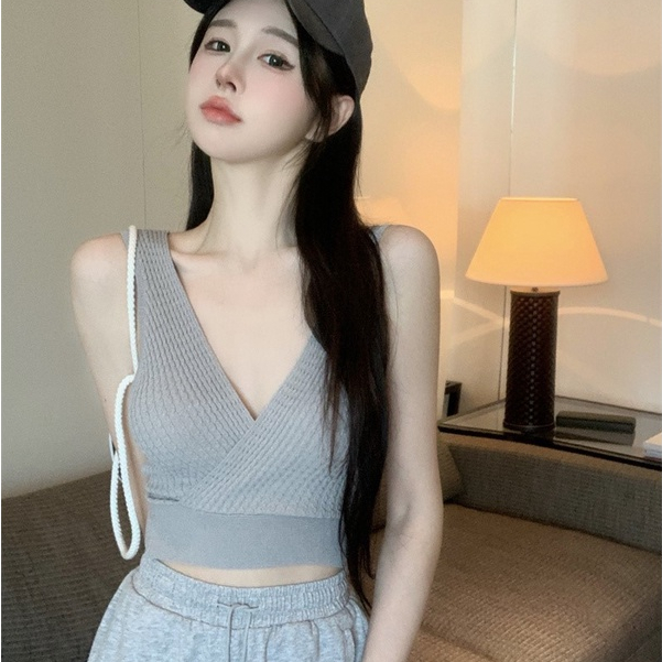 【WANG JIAO ZHAN】Áo Croptop Dệt Kim Cổ Chữ V Quyến Rũ Hợp Thời Trang crop top【28918】