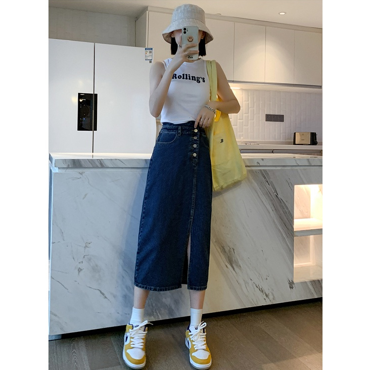 ZHELIHANGFEI Chân Váy Denim Dáng Chữ a Lưng Cao Thiết Kế Xẻ Tà Phong Cách Retro