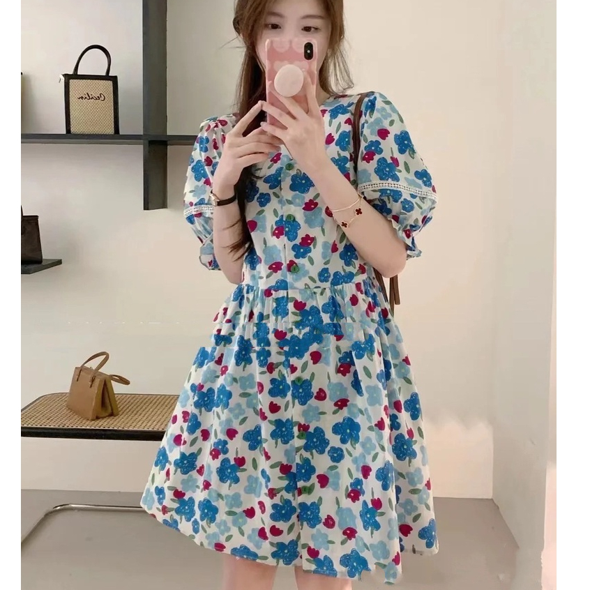 Đầm Midi Chữ A Tay Ngắn Phồng Cổ Chữ V In Họa Tiết Hoa Phong Cách Hàn Quốc Thời Trang Mùa Hè Cho Nữ