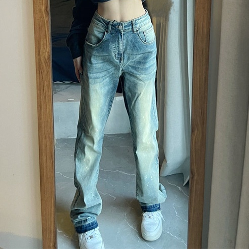 ZHELIHANGFEI Quần Jean Dài Lưng Cao Kiểu Retro Mỹ Cá Tính