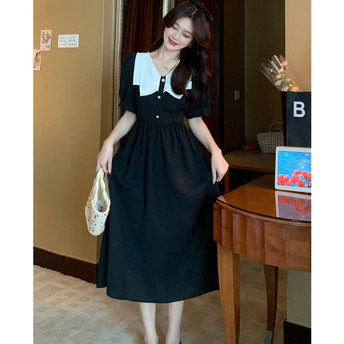 ZHELIHANGFEI Đầm Đen Dáng Dài Chiết Eo Cao Phong Cách Retro Hàn Quốc