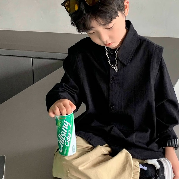 Áo Sơ Mi Cotton Trơn Tay Dài Dáng Rộng Phong Cách Hàn Quốc Cho Bé 120-170