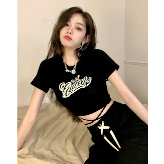 ZHELIHANGFEI Áo Croptop Tay Ngắn Hoạ Tiết In Thiết Kế Quyến Rũ