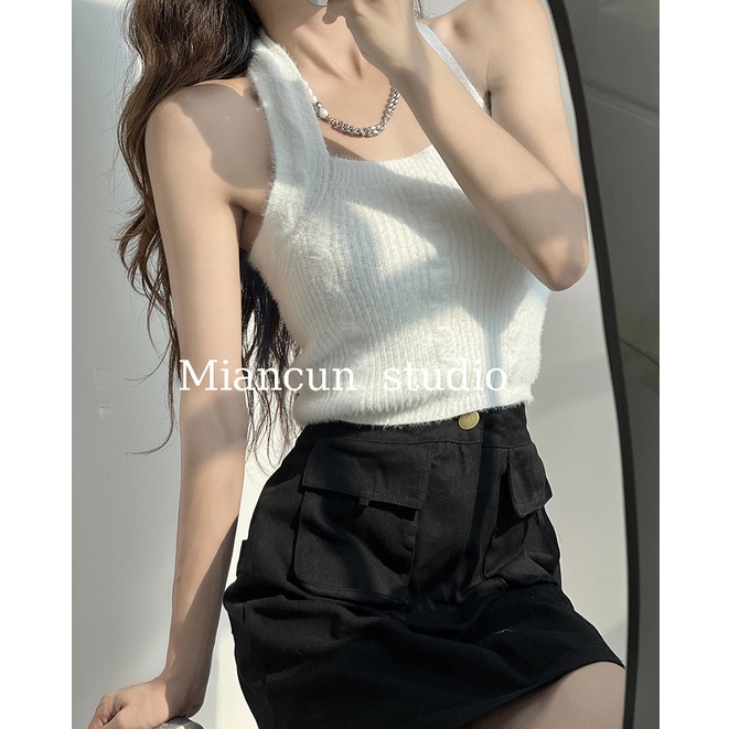 QADCOL Áo Dệt Kim Không Tay Thiết Kế Mỏng Cổ Treo Thiết Kế Sang Trọng Cổ Điển Cho Nữ Mặc Ngoài Trời