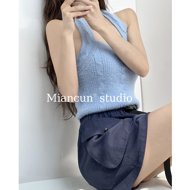 QADCOL Áo Dệt Kim Không Tay Thiết Kế Mỏng Cổ Treo Thiết Kế Sang Trọng Cổ Điển Cho Nữ Mặc Ngoài Trời