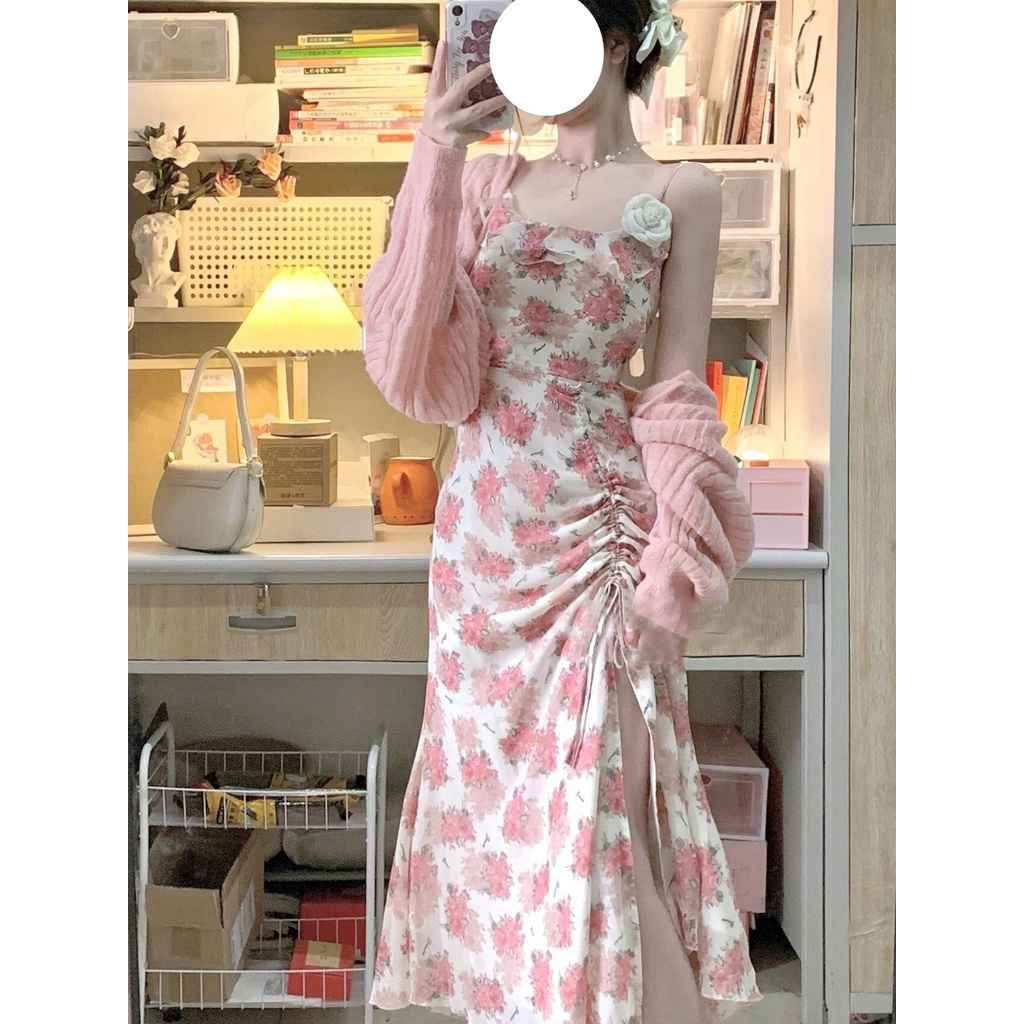 Đầm 2 dây dáng dài in hoa thiết kế hở lưng quyến rũ