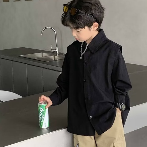 Áo Sơ Mi Cotton Trơn Tay Dài Dáng Rộng Phong Cách Hàn Quốc Cho Bé 120-170