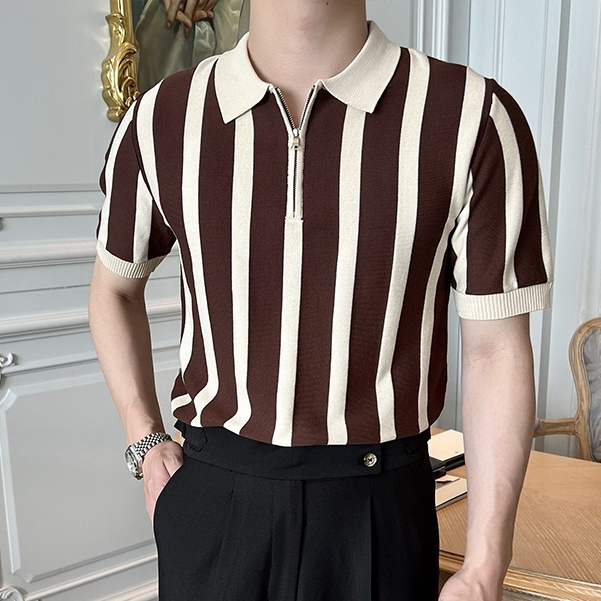 Áo Sơ Mi POLO Tay Ngắn Kẻ Sọc Phối Khóa Kéo Kiểu Retro Thời Trang Mùa Hè Cho Nam Giới Có Size M-3xl