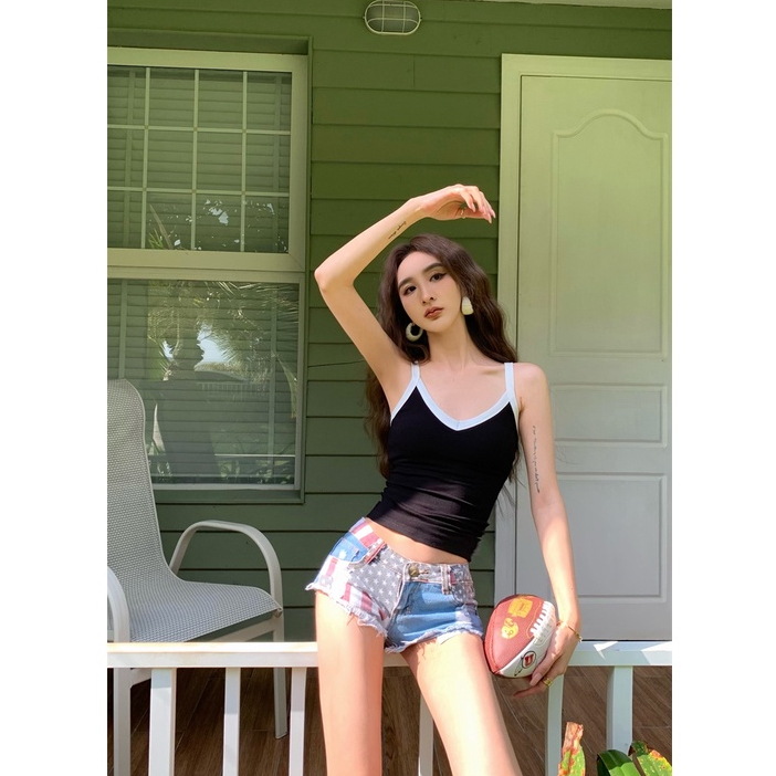 QADCOL Áo Hai Dây Mỏng Ôm Dáng Màu Sắc Tương Phản Phong Cách Hong Kong Cho Nữ