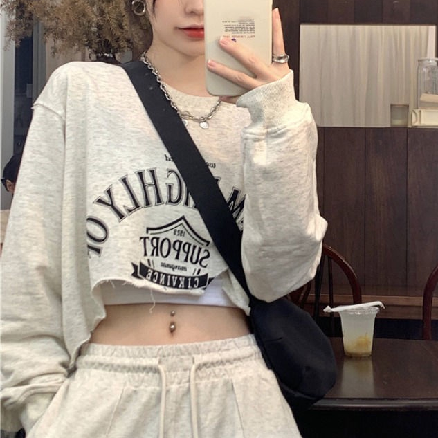 Áo Sweatshirt Cổ Tròn Dáng Ngắn Màu Xanh Lá Cây Phong Cách Hàn Quốc Thời Trang Xuân Thu Cho Nữ FMYH