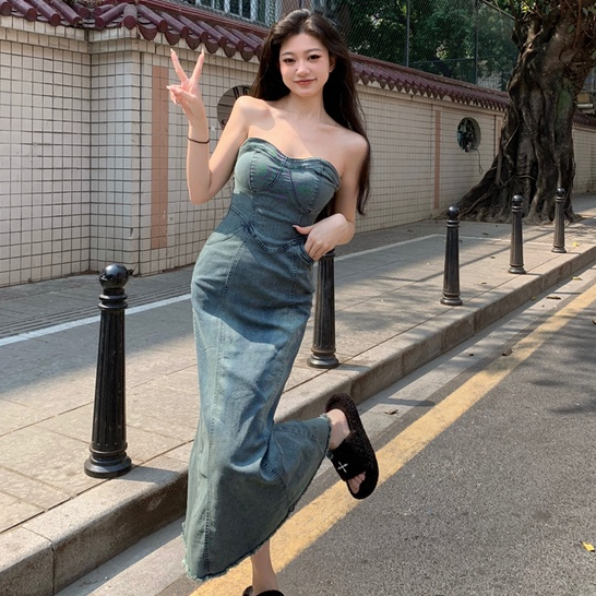 Đầm Denim Dài Không Tay Dáng Ôm Phong Cách Hàn Quốc Cổ Điển Dành Cho Nữ Mi