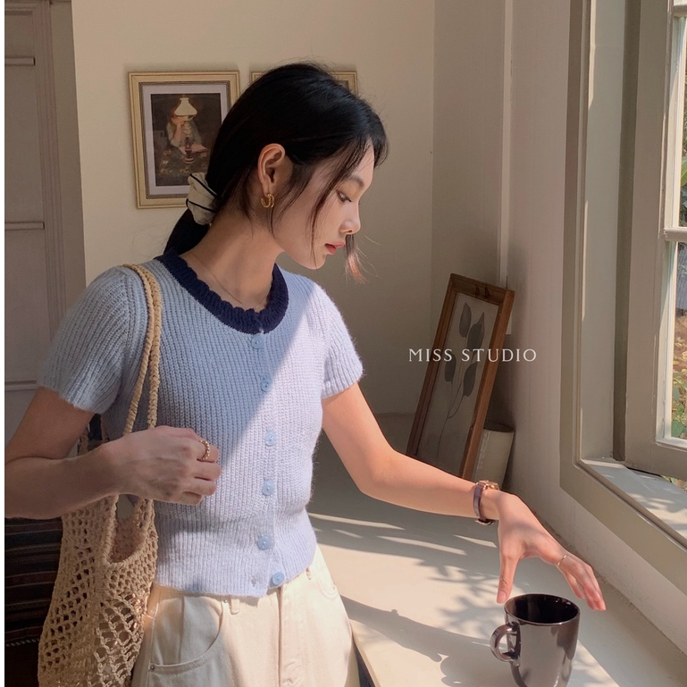 Áo Cardigan Dệt Kim Ngắn Tay Cổ Tròn Phối Màu Tương Phản Thời Trang Mùa Hè Hàn Quốc 5 Màu Tùy Chọn